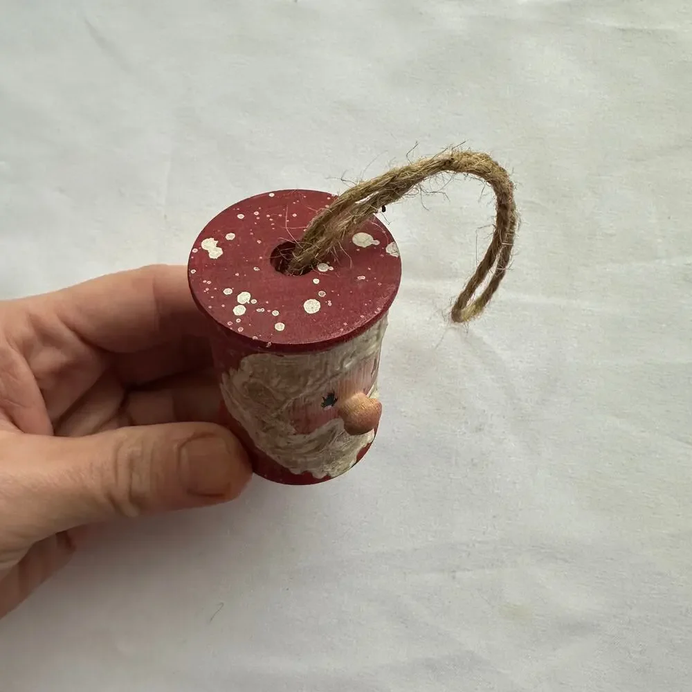 Vintage Hand Painted Thread Spool Santa Primitive Farmhouse Christmas Ornament